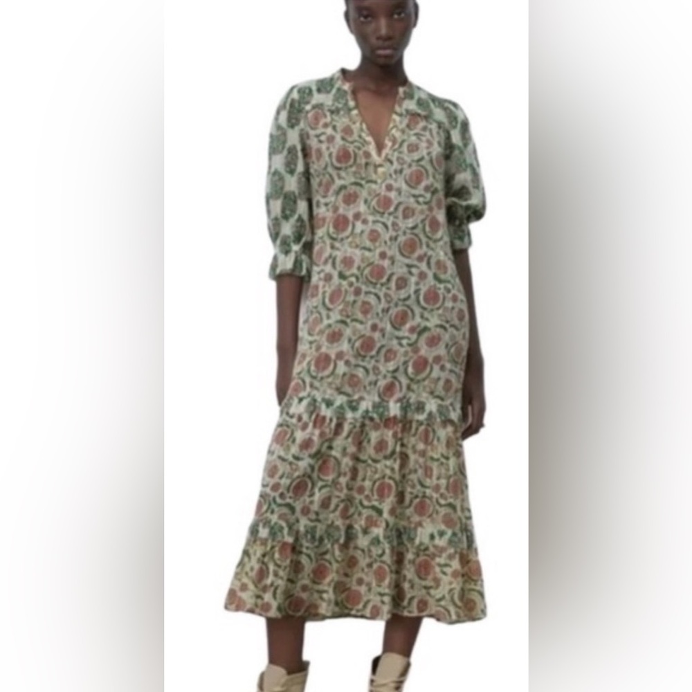Zara XS 100% Cotton Boho Tiered Floral Midi Dress 3/4 Sleeve